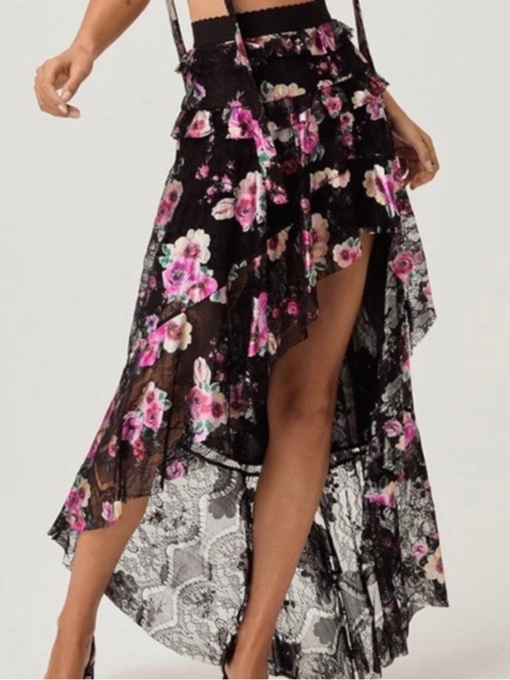 For Love & Lemons Benetar Foil Floral Black Lace Asymmetrical Skirt